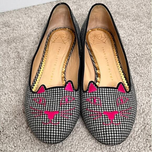 Charlotte Olympia Houndstooth Slip On Kitty Loafer Flats Black/White Womens 36.5 - Picture 2 of 11